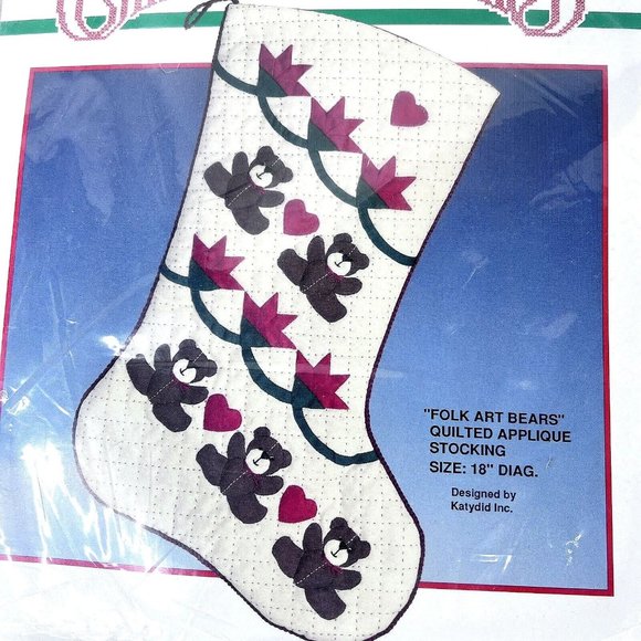 Bucilla Folk Art Bears Quilted Christmas Stocking Kit Appliqué 18” 82516 Teddy - Picture 1 of 4